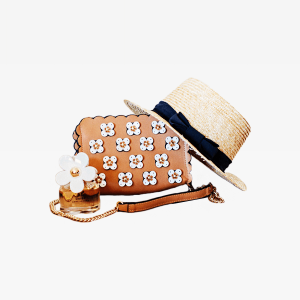Brown Sun Hat On Brown And White Floral Sling Bag