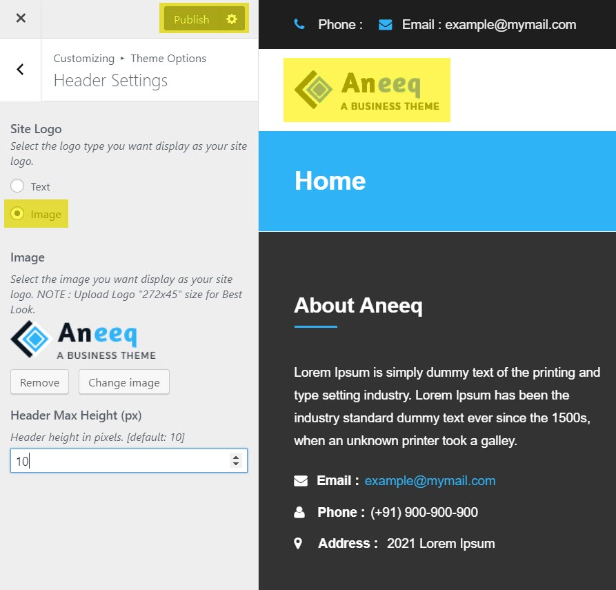 aneeq-wordpress-theme-homepage-header-settings-setup