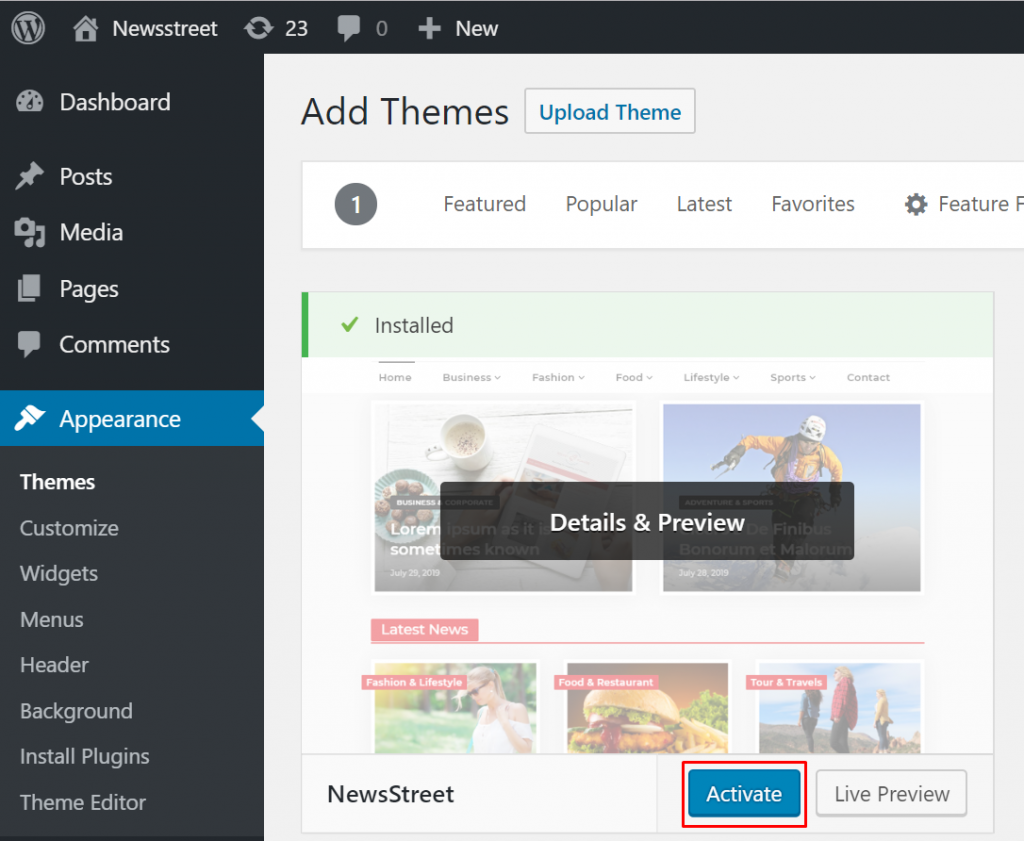 NewsStreet Free WordPress Theme Installation And Setup