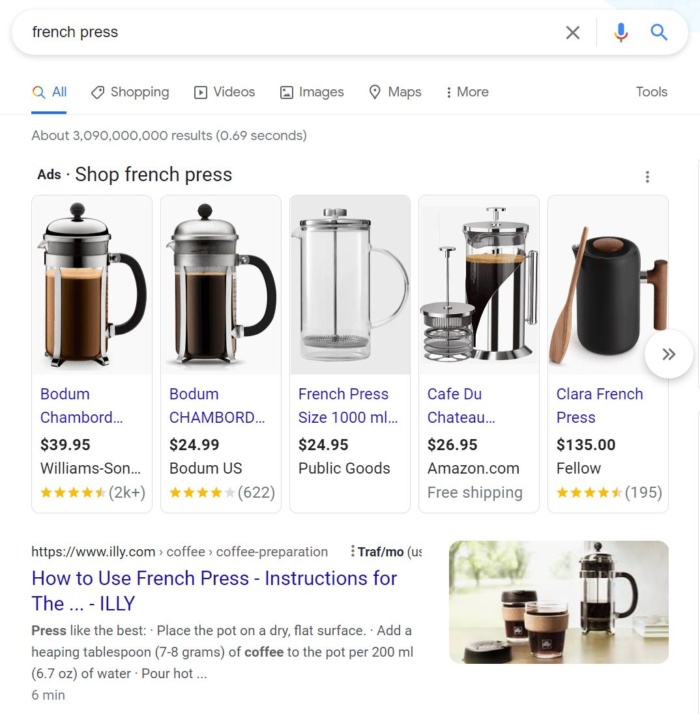 Shopping ads on search page