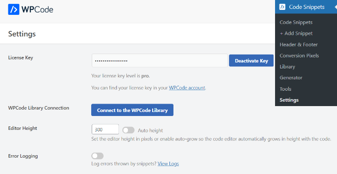 WPCode account section