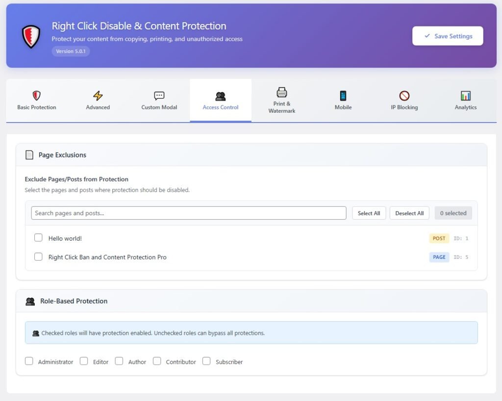 Disable Righht Click - Access Control Settings