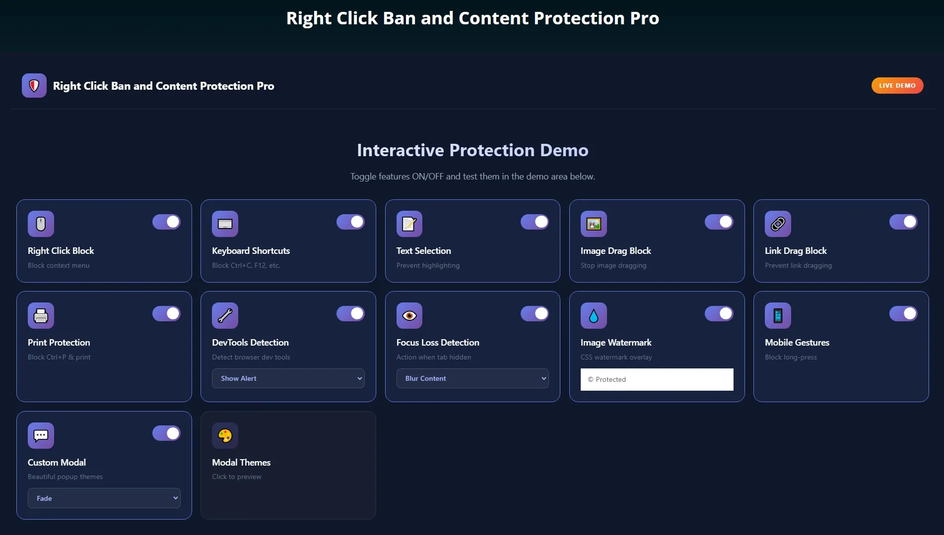 Right Click Ban and Content Protection Pro - Live Demo