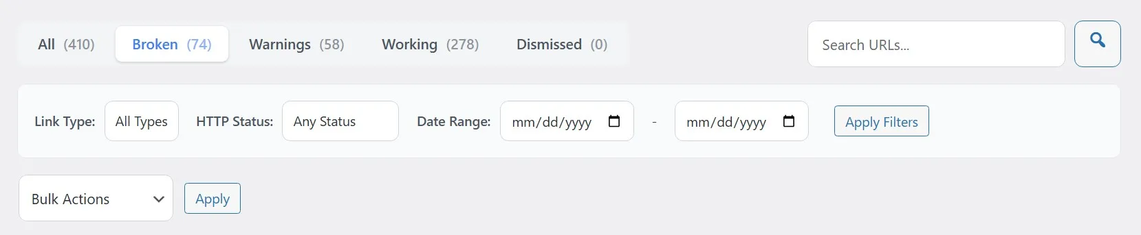 Broken Link Checker - Filters Options