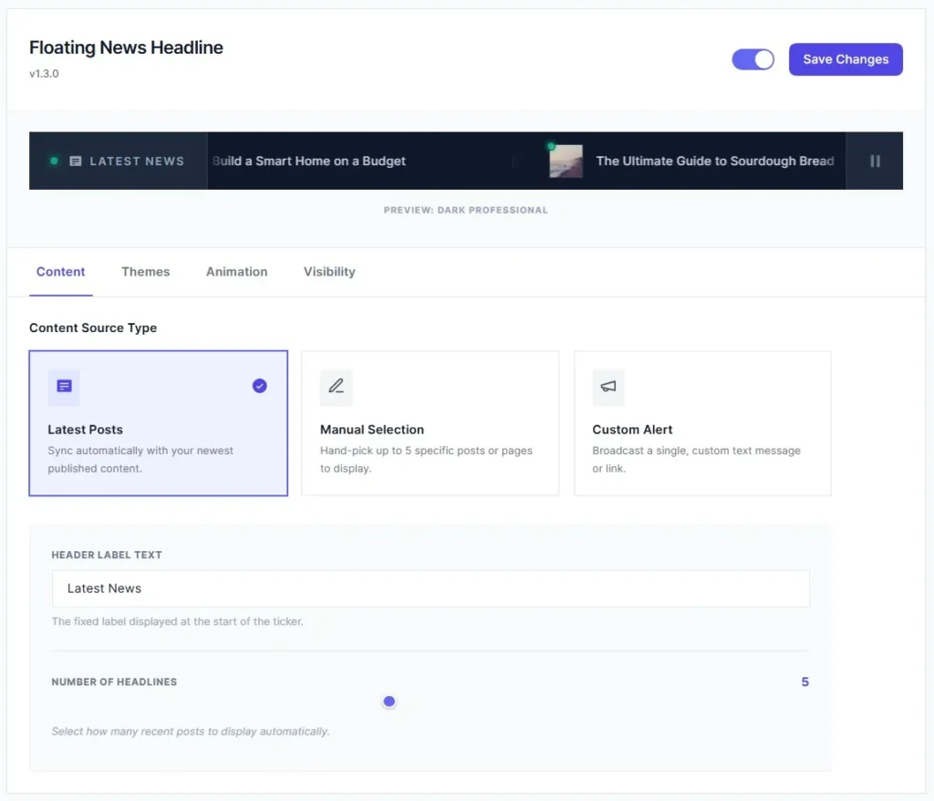 Floating News Headline Dashbaord